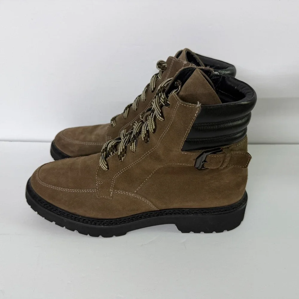 Aquatalia Mayra Brown Suede Combat Boots Made in Italy Side Zip Lug Sole 9.5